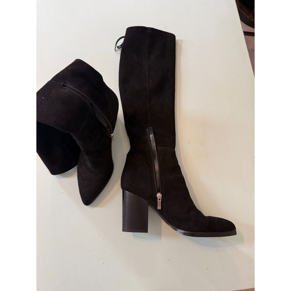 Marc Fisher LTD Black Suede Knee High Boots Size 8M Lace Back Block Heel